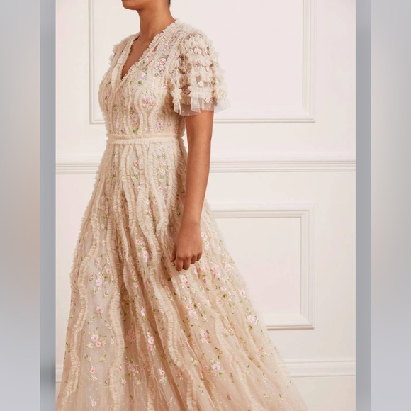 NEEDLE & THREAD Florentina Ankle Gown Dress Floral Lace Embroidered Ruffle - Picture 3 of 10